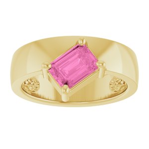14K Yellow Gold Emerald 7 X 5 Mm Polished Lab-Grown Pink Sapphire Asymmetric Solitaire Ring Size 7