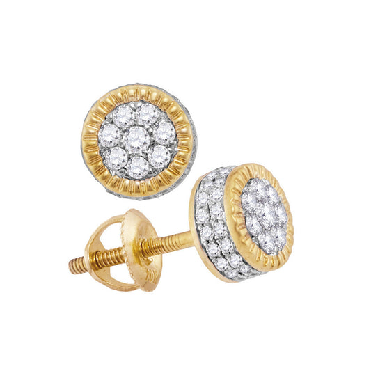 10K Yellow Gold Round Diamond Fluted Flower Cluster Stud Earrings 3/4 Cttw