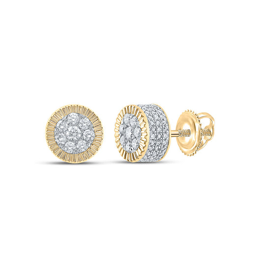 10K Yellow Gold Round Diamond Fluted Cluster Earrings 7/8 Cttw