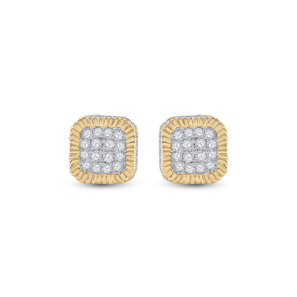 10K Yellow Gold Round Diamond Cluster Fluted Square Stud Earrings 1/2 Cttw