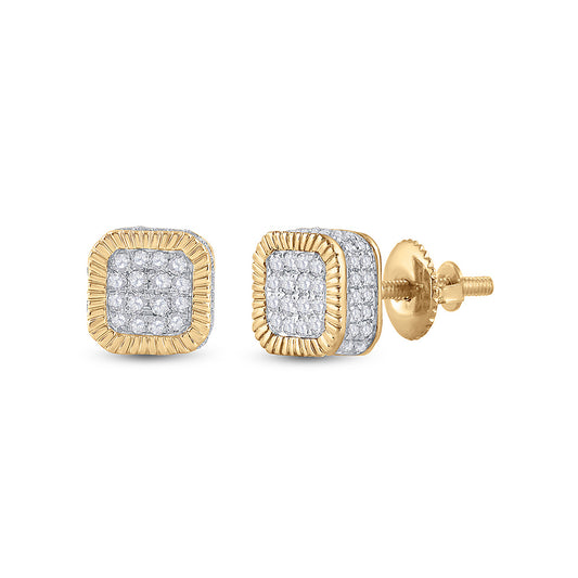 10K Yellow Gold Round Diamond Cluster Fluted Square Stud Earrings 1/2 Cttw