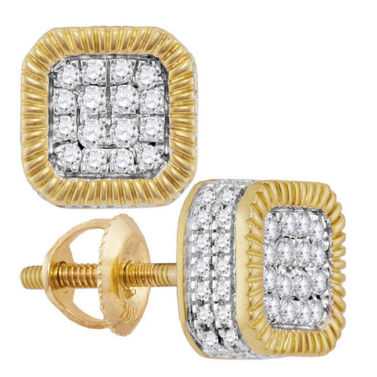 10K Yellow Gold Round Diamond Fluted Square Cluster Stud Earrings 3/4 Cttw