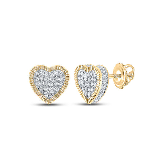 10K Yellow Gold Womens Round Diamond Heart Fluted Cluster Stud Earrings 7/8 Cttw