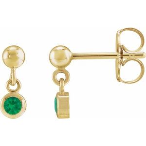 14K Yellow Gold Round Shape 3 Mm Lab-Grown Emerald Micro-Bezel Dangle Earrings