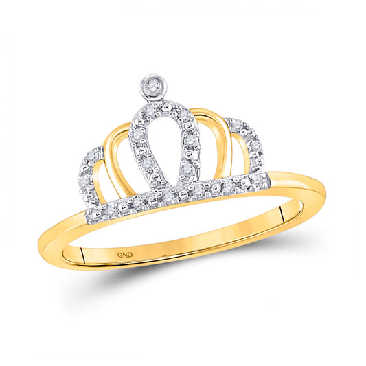 10K Yellow Gold Womens Round Diamond Crown Tiara Princess Band Ring 1/20 Cttw, Womens Size: 5-10