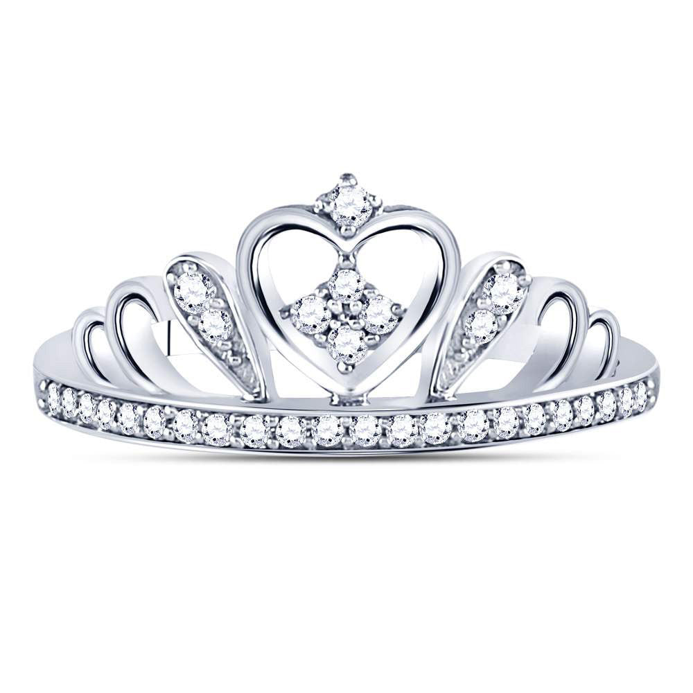 Sterling Silver Womens Round Diamond Crown Tiara Heart Ring 1/6 Cttw, Womens Size: 5-10