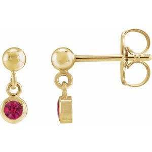 14K Yellow Gold Round Shape 3 Mm Natural Ruby Micro-Bezel Dangle Earrings