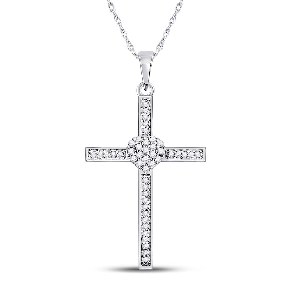 10K White Gold Womens Round Diamond Heart Cross Pendant 1/5 Cttw