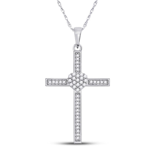 10K White Gold Womens Round Diamond Heart Cross Pendant 1/5 Cttw