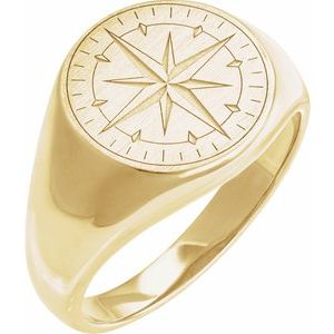 14K Yellow Gold Polished Compass Signet Ring Size 10