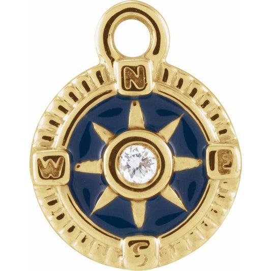 14K Yellow Or White Or Rose Gold Round1.3Mm  I1, G-H 7.1 X 7.1 Mm Polished Petite Pave .01 Ct Natural Diamond Enamel Compass Dangle