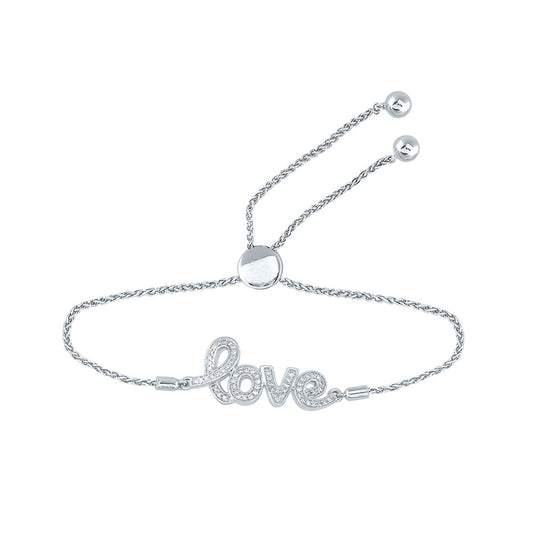 Sterling Silver Womens Round Diamond Love Word Bolo Adjustable Bracelet Cttw