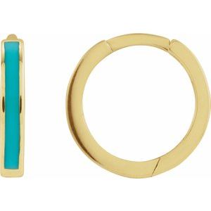 14K Yellow Gold 12 Mm Turqoise Enamel Huggie Earrings, Thickness: 2 Mm