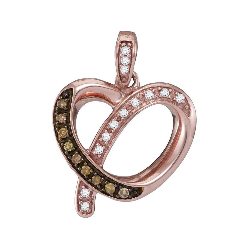 10K Rose Gold Womens Round Brown Diamond Heart Pendant 1/8 Cttw