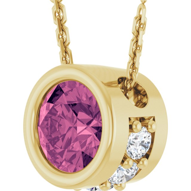 14K Yellow Gold Round 4Mm I1, G-H 18 In Polished Natural Pink Tourmaline And .07 Ctw Natural Diamond Hidden Halo Necklace