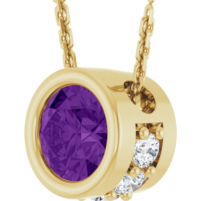 14K Yellow Gold Round 4Mm I1, G-H 18 In Polished Natural Amethyst And .07 Ctw Natural Diamond Hidden Halo Necklace