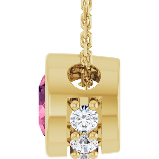 14K Yellow Gold Round 4Mm I1, G-H 18 In Polished Natural Pink Tourmaline And .07 Ctw Natural Diamond Hidden Halo Necklace