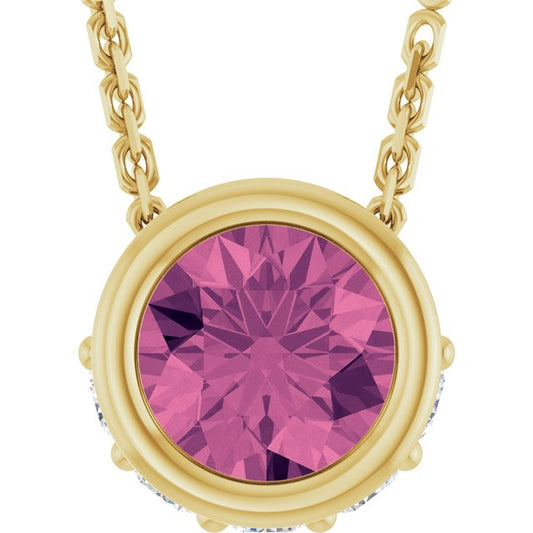 14K Yellow Gold Round 4Mm I1, G-H 18 In Polished Natural Pink Tourmaline And .07 Ctw Natural Diamond Hidden Halo Necklace