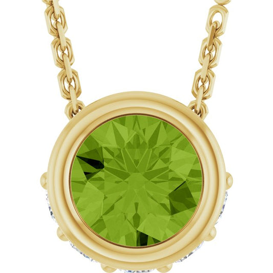 14K Yellow Gold Round 4Mm I1, G-H 18 In Polished Natural Peridot And .07 Ctw Natural Diamond Hidden Halo Necklace