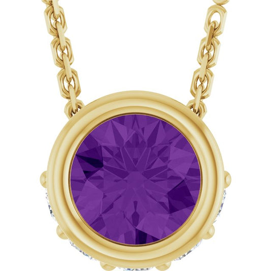 14K Yellow Gold Round 4Mm I1, G-H 18 In Polished Natural Amethyst And .07 Ctw Natural Diamond Hidden Halo Necklace