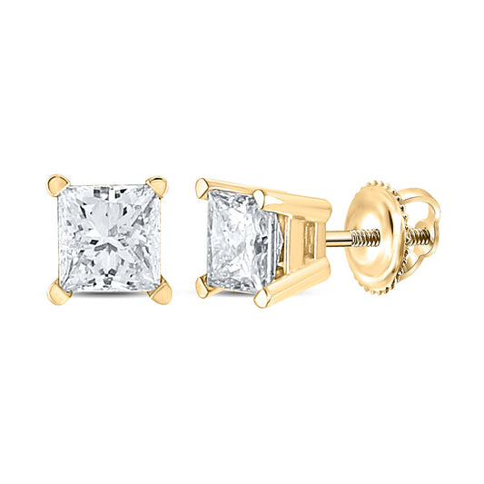 14K Yellow Or White Gold  Unisex Princess Diamond Solitaire Stud Earrings 1 Cttw