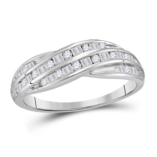 10K White Gold Womens Round Baguette Diamond Crossover Band Ring 1/3 Cttw, Womens Size: 5-10