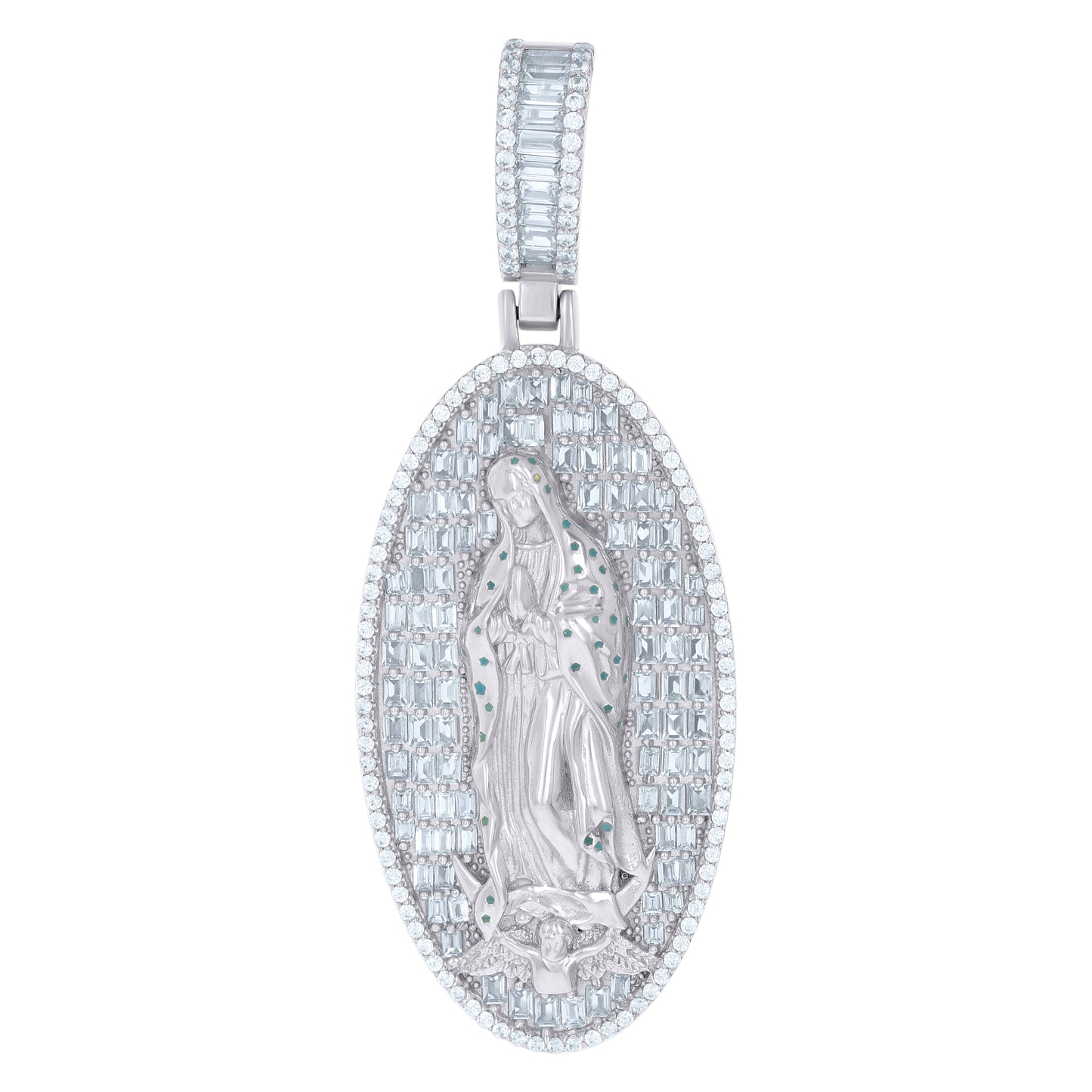 Sterling Silver Mens Baguette Round Cubic-Zirconia Guadalupe Religious Charm Pendant