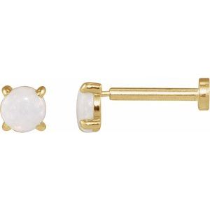 14K Yellow Gold Round 4 Mm  Cabochon Natural White Opal 4-Claw Prong Earring, Length: 6 MM