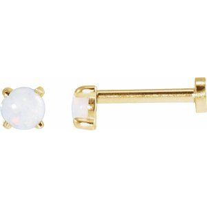 14K Yellow Gold Round 3 Mm  Cabochon Natural White Opal 4-Claw Prong Earring, Length: 6 MM