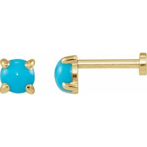 14K Yellow Gold Round 4 Mm  Cabochon Natural Turquoise 4-Claw Prong Earring, Length: 6 MM