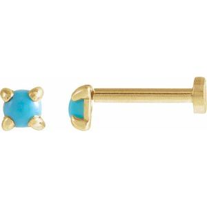 14K Yellow Gold Round 2.5 Mm  Cabochon Natural Turquoise 4-Claw Prong Earring, Length: 6 MM