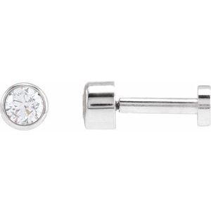 14K White Gold Round 2.5 Mm  .06 Ct Natural Diamond Solitaire Bezel-Set Earring With Press Fit Closure, Length: 4 MM
