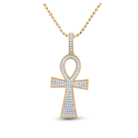 10K Yellow Gold Mens Round Diamond Ankh Cross Charm Pendant 1/3 Cttw, Length: 1.35 In, Width: 0.61 In