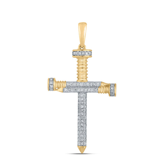 10K Yellow Gold Mens Round Diamond Nail Cross Charm Pendant 1/3 Cttw