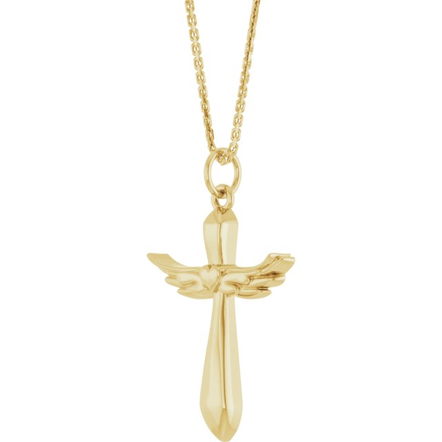 14K Yellow Gold 19.9 X 12.5 Mm 18 In Polished Heart Angel Wing Cross Necklace