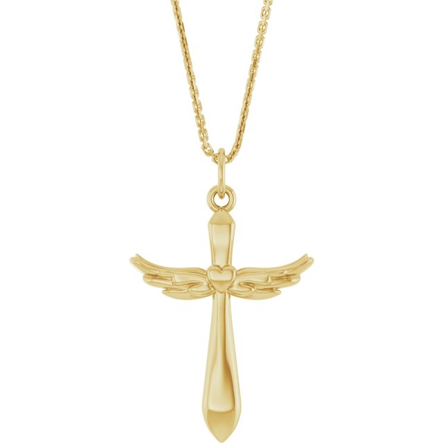 14K Yellow Gold 19.9 X 12.5 Mm 18 In Polished Heart Angel Wing Cross Necklace