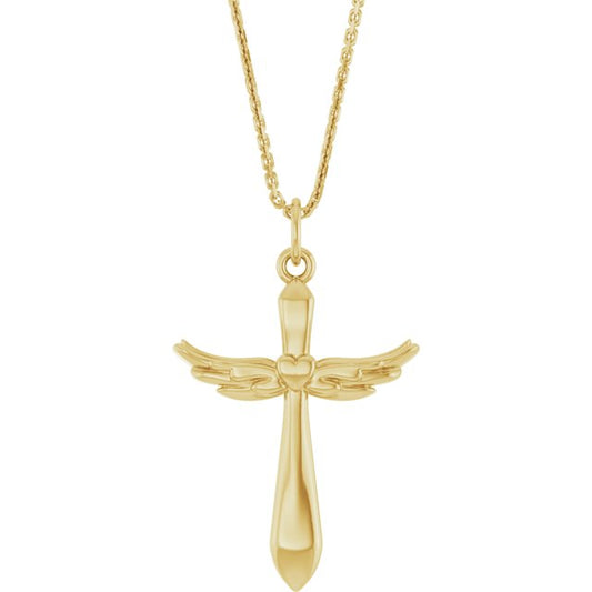 14K Yellow Gold 19.9 X 12.5 Mm 18 In Polished Heart Angel Wing Cross Necklace