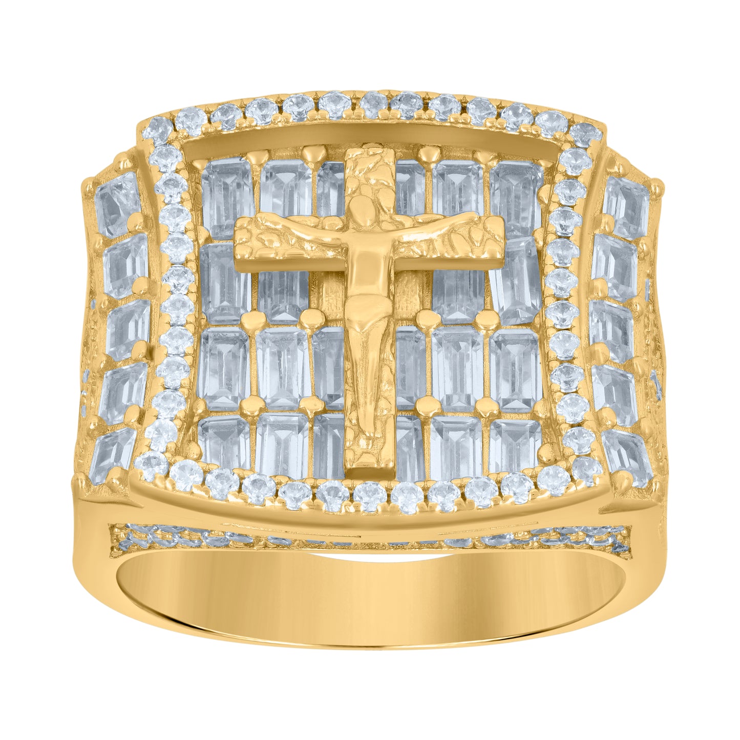 Sterling Silver Yellow-tone Mens Baguette Round Cubic-Zirconia Crucifix Cross Religious Bridal Anniversary Wedding Engagement Band Ring