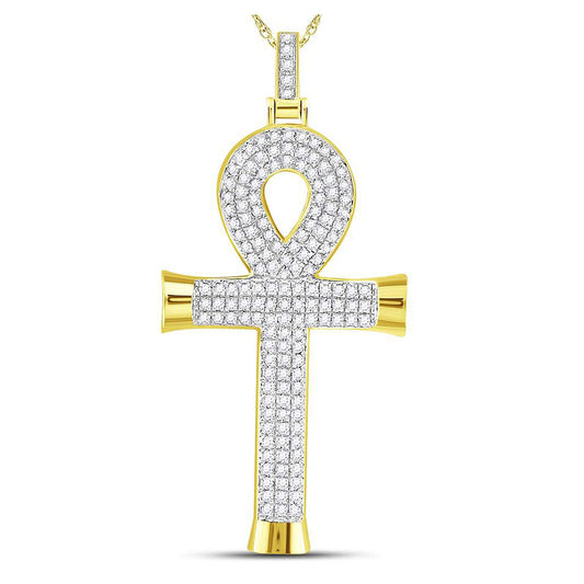 10K Yellow Gold Mens Round Diamond Ankh Cross Charm Pendant 7/8 Cttw