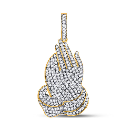 10K Yellow Gold Mens Round Diamond Praying Hands Charm Pendant 7/8 Cttw, Length: 1.31 In, Width: 0.66 In