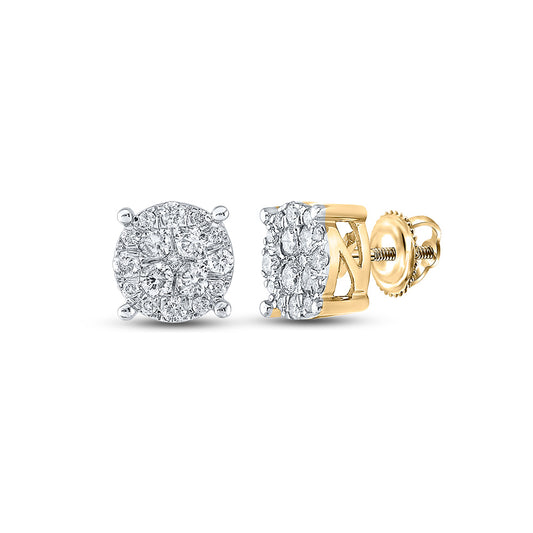 14K Yellow Gold Womens Round Diamond Circle Frame Cluster Earrings 1 Cttw
