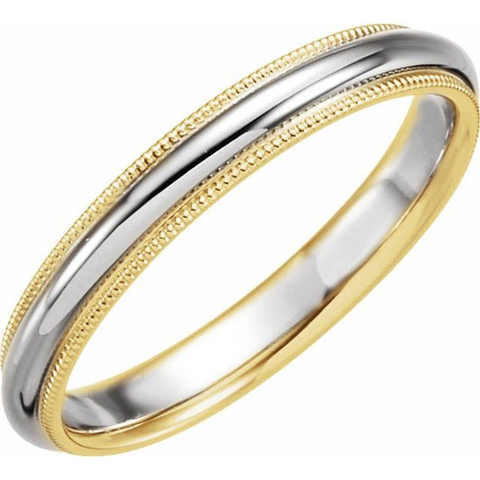 14K Yellow/White/Yellow Gold 3.5 Mm Polished Milgrain Stepped-Edge Comfort-Fit Half Round Band, Size 5.5