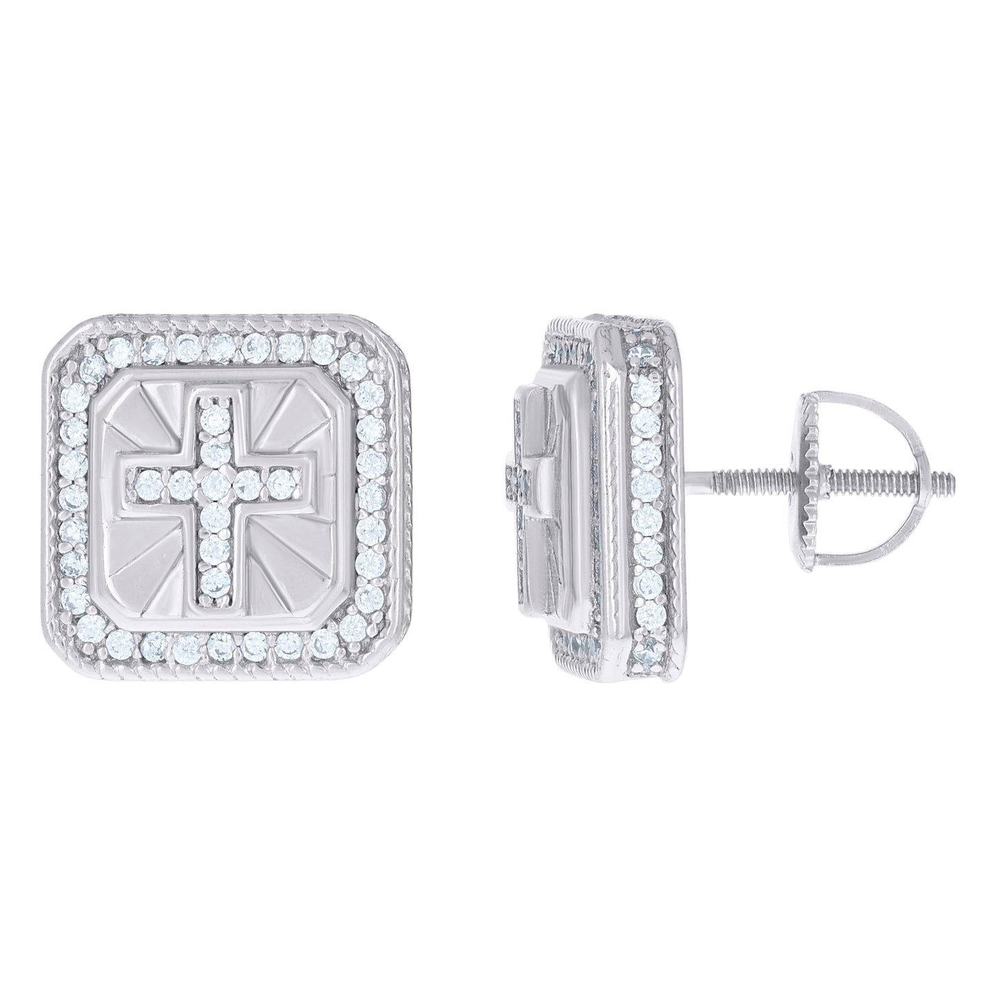 Sterling Silver Or Yellow-tone Men Cubic-Zirconia Cross Religious Stud Earrings