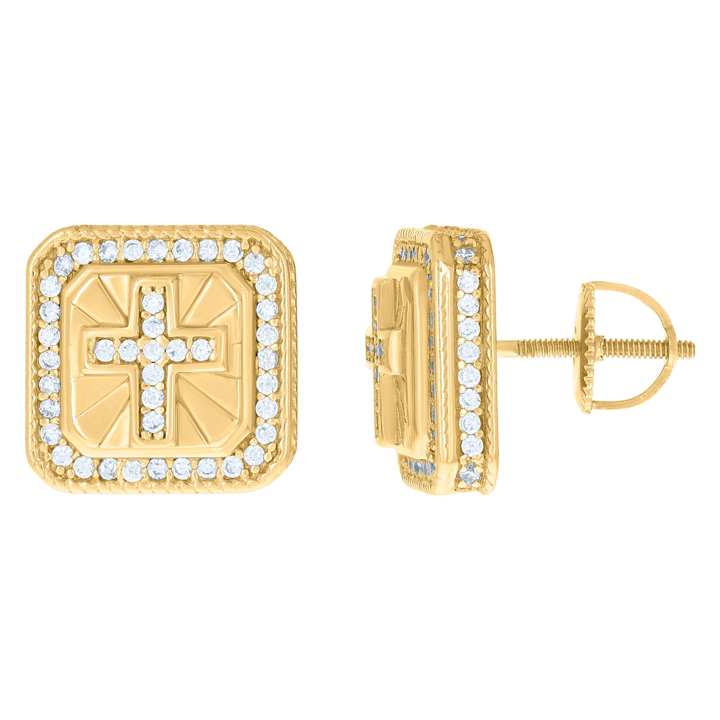 Sterling Silver Or Yellow-tone Men Cubic-Zirconia Cross Religious Stud Earrings