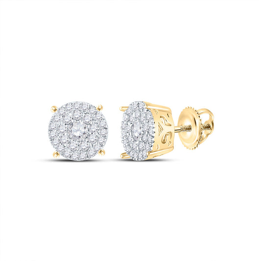 10K Yellow Gold Womens Round Diamond Concentric Circle Cluster Earrings 3/8 Cttw