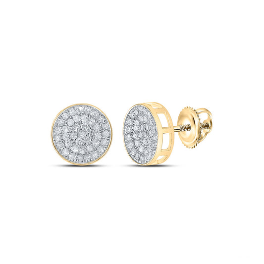 10K Yellow Gold Round Diamond Circle Disk Cluster Earrings 1/2 Cttw