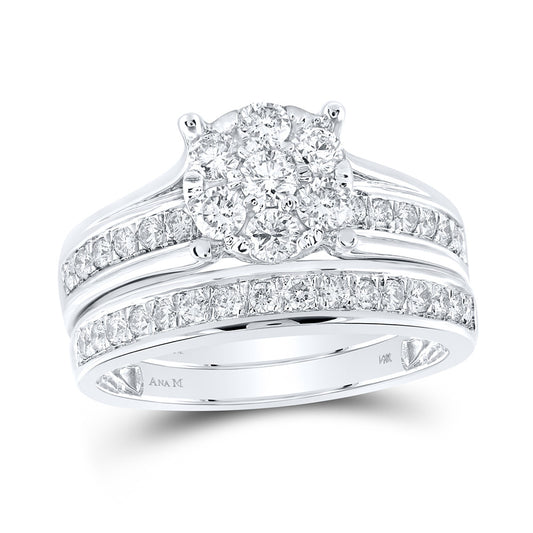 14K White Gold Round Diamond Cluster Bridal Wedding Ring Band Set 1 Cttw, Womens Size: 5-10
