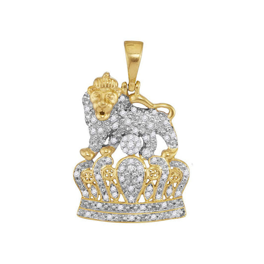 10K Yellow Gold Mens Round Diamond Lion Tiger Crown Charm Pendant 1/3 Cttw
