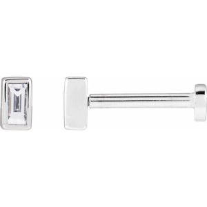 14K White Gold Straight Baguette 3 X 1.5 Mm  .04 Ct Lab-Grown Diamond Bezel-Set Earring With Press Fit Back, Length: 6 MM