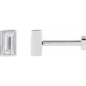 14K White Gold Straight Baguette 4 X 2 Mm  1/8 Ct Natural Diamond Bezel-Set Earring With Press Fit Back, Length: 6 MM